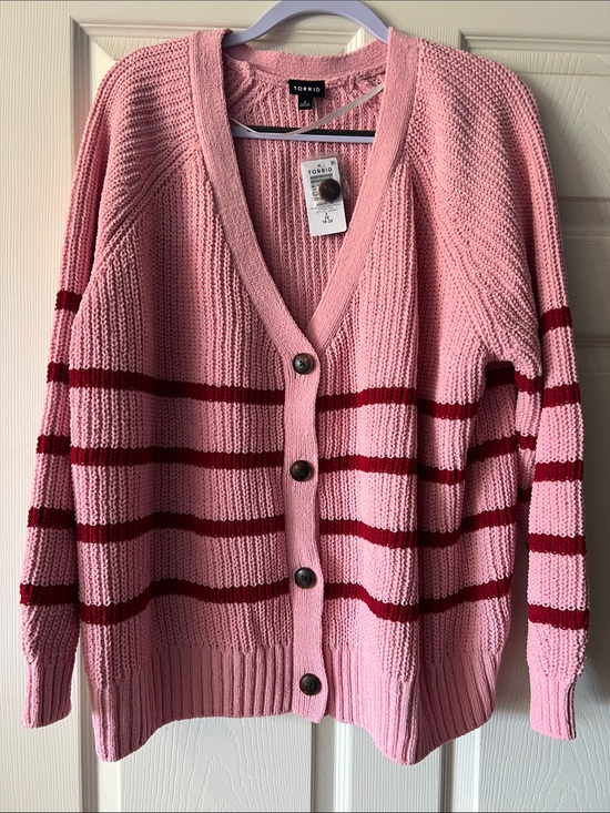 torrid Sweaters - torrid Pink Cardigan with Red stripes